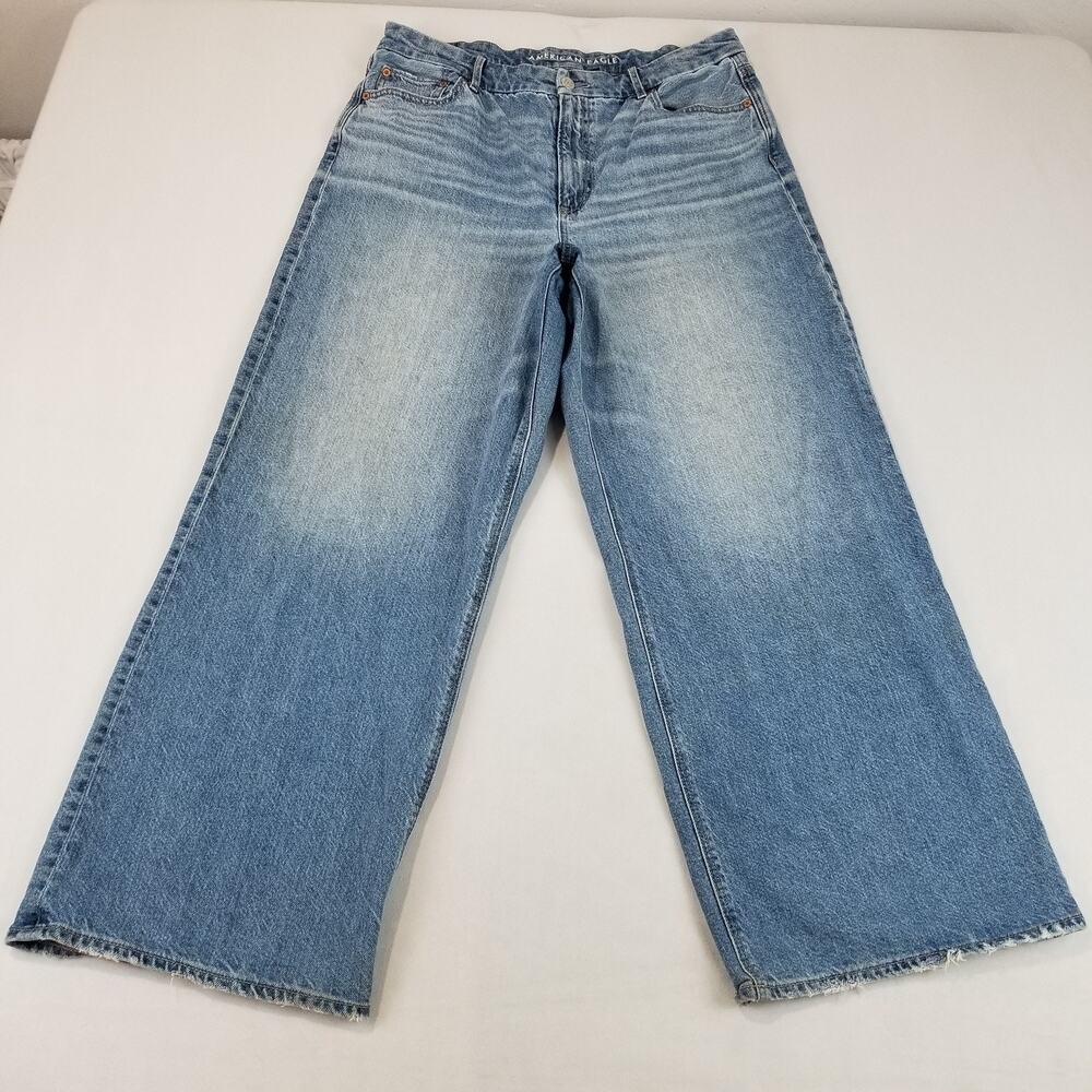 American Eagle Jeans Womens 16 Short Blue Curvy Super High Rise Baggy Straight